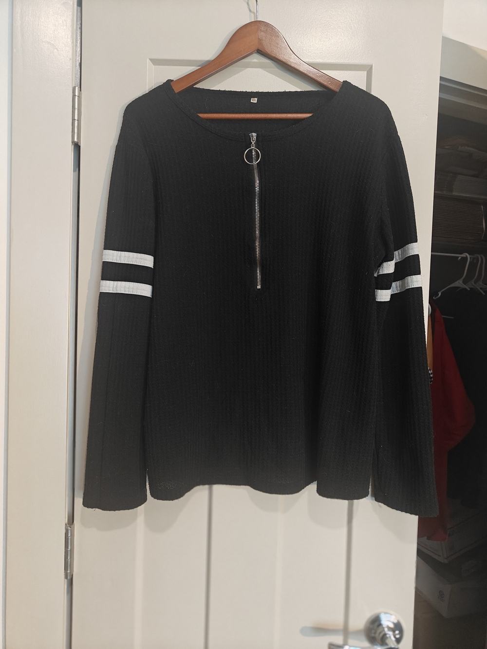 Black Ribbed Half-Zip Crewneck Sweater with White Sleeve Stripes